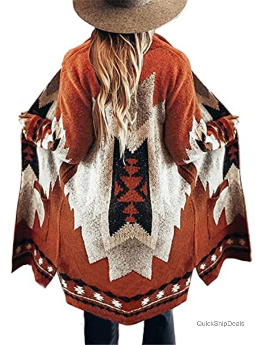 Women Vintage Tribal Knitted Cardigan Sweater Coat Open Front Outwear Pocket